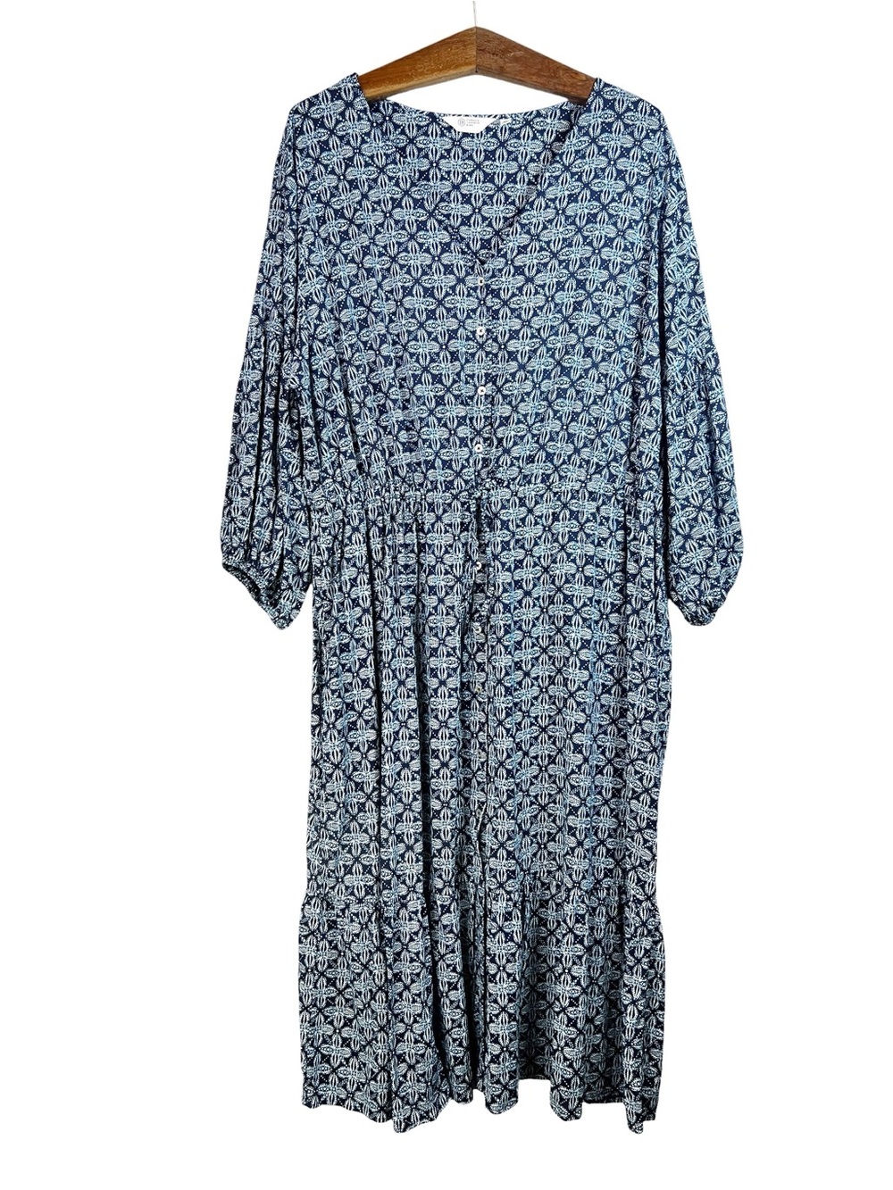 Candace Cameron Bure Blue Floral Geometric Ruffle Ballon Sleeve Dress Size 2X